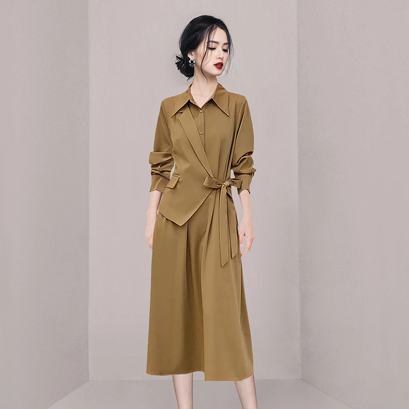 

Women Autumn Fashion Vintage Lapel Slim Shirt Dress Long Sleeve Ladies Elegant Lace Up Party Midi Dresses