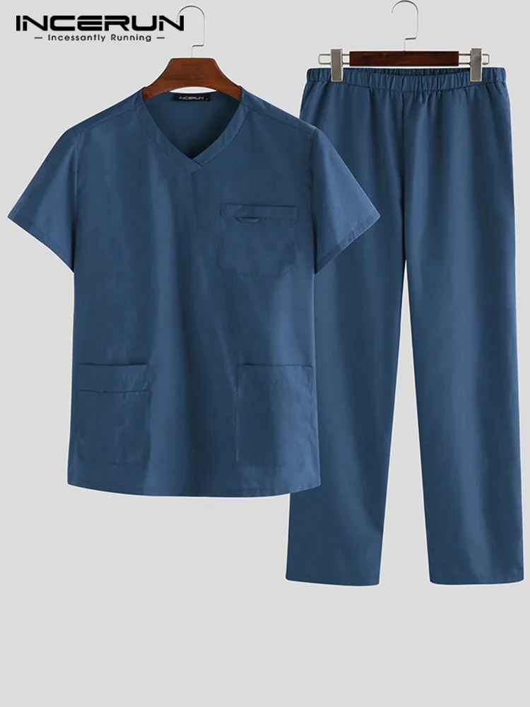 

INCERUN Men Sets V Neck Short Sleeve Tops Vintage Long Pants Homewear Casual Solid Color Overalls Pockets Leisure Men Sets S-5XL