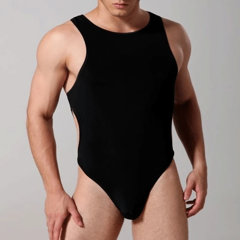 

Summer Solid Color Thin Round Neck One-piece Underwear Men's Fun and Lively Buttoned Nightclub Dress Temptation Hollow-out Vest