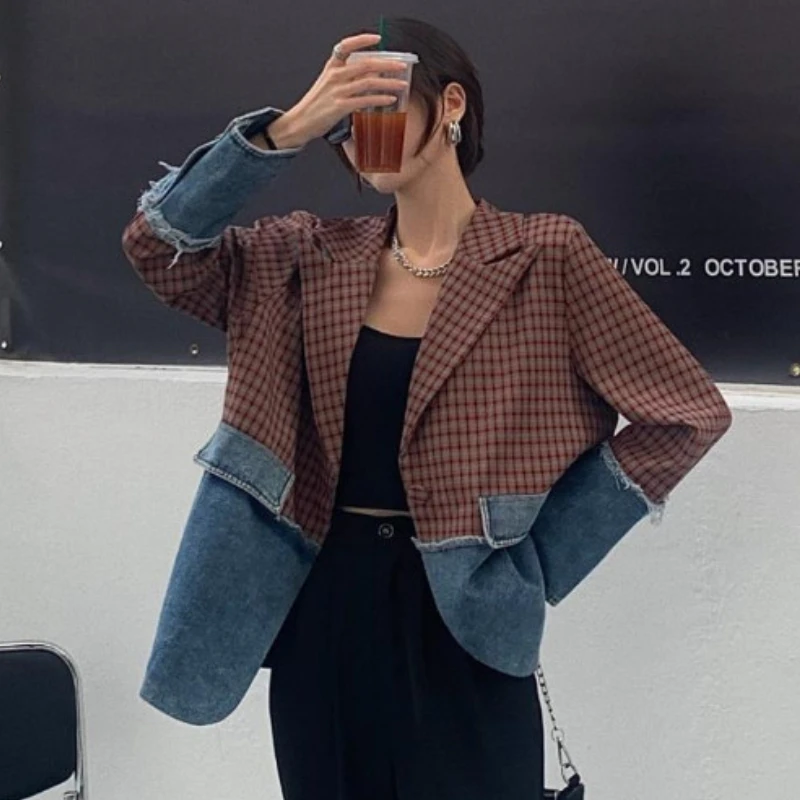 Spliced Blazers Women Baggy Streetwear Teens Personal American Designer Notched Youth College  Clothes Temper Chic Popular