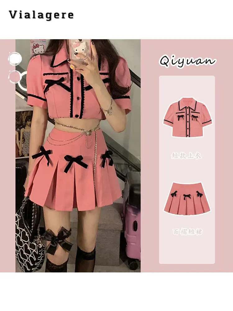 

Женский летний комплект из двух предметов, милый топ с отложным воротником и бантом и розовая плиссированная юбка в стиле «Лолита», 2023