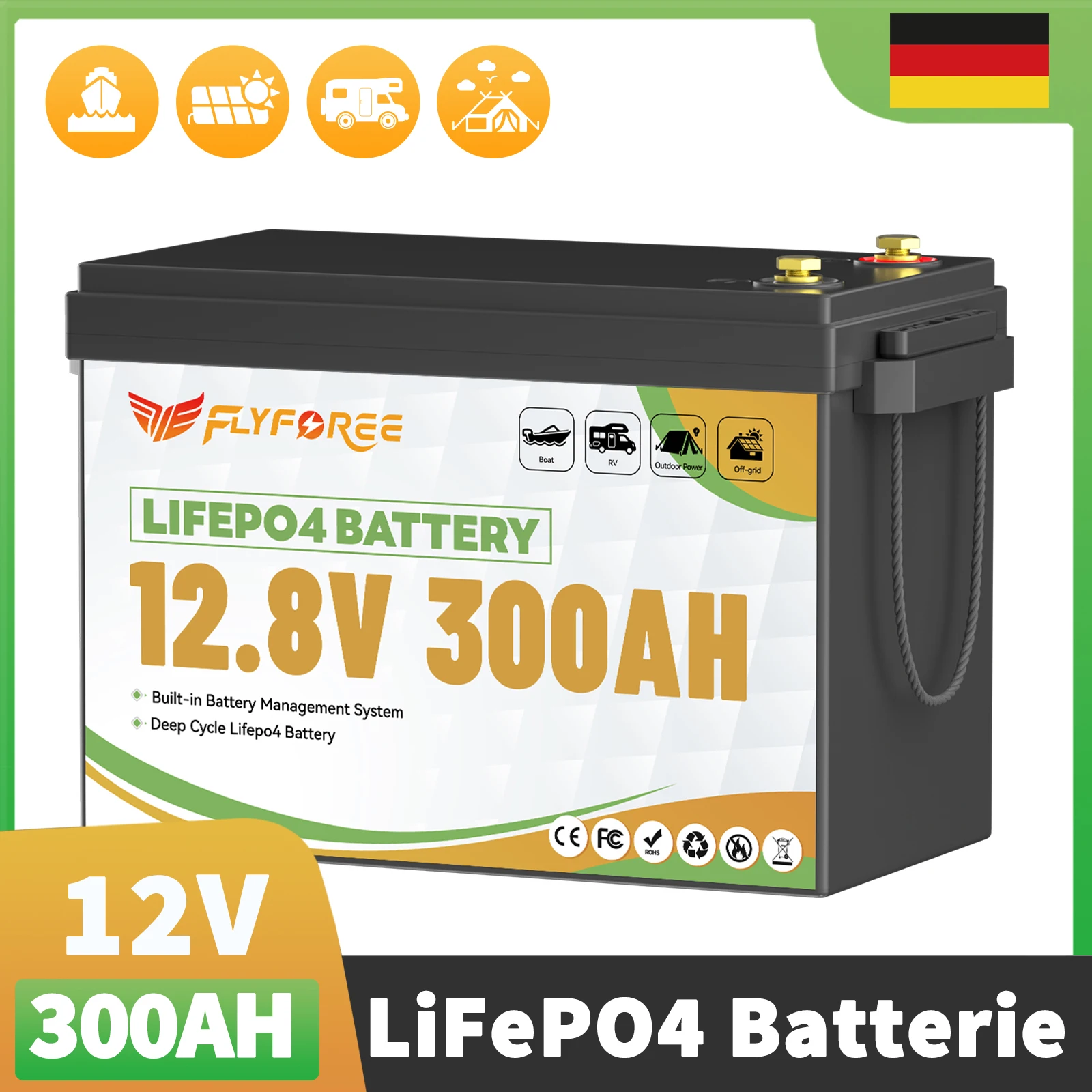 FLLYROWER 12V 300Ah LiFePO4 Lithium Battery Pack With 200A BMS Energy Deep Cycles For Off-Grid Motorhome Solar System RV Boat