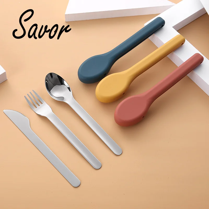 

1Set/3Pcs Innovative new silicone tableware box 304 stainless steel knife, fork and spoon portable tableware set