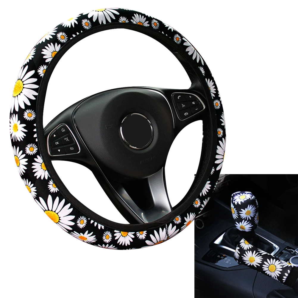

Gear Cover Steering Wheel Cover 37-38cm 3PCS/set Car Decor Chrysanthemum Steering Wheel Universal Universal Anti-slip