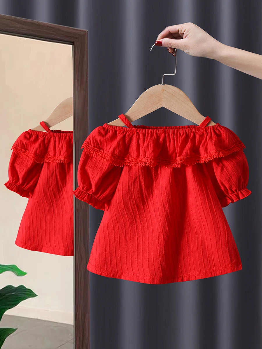 

Baby Girls' Tops 2022 Spring Autumn Children's T-Shirts Sling Lace Flower Embroidery Trendy Baby Shirts Princess Dresses
