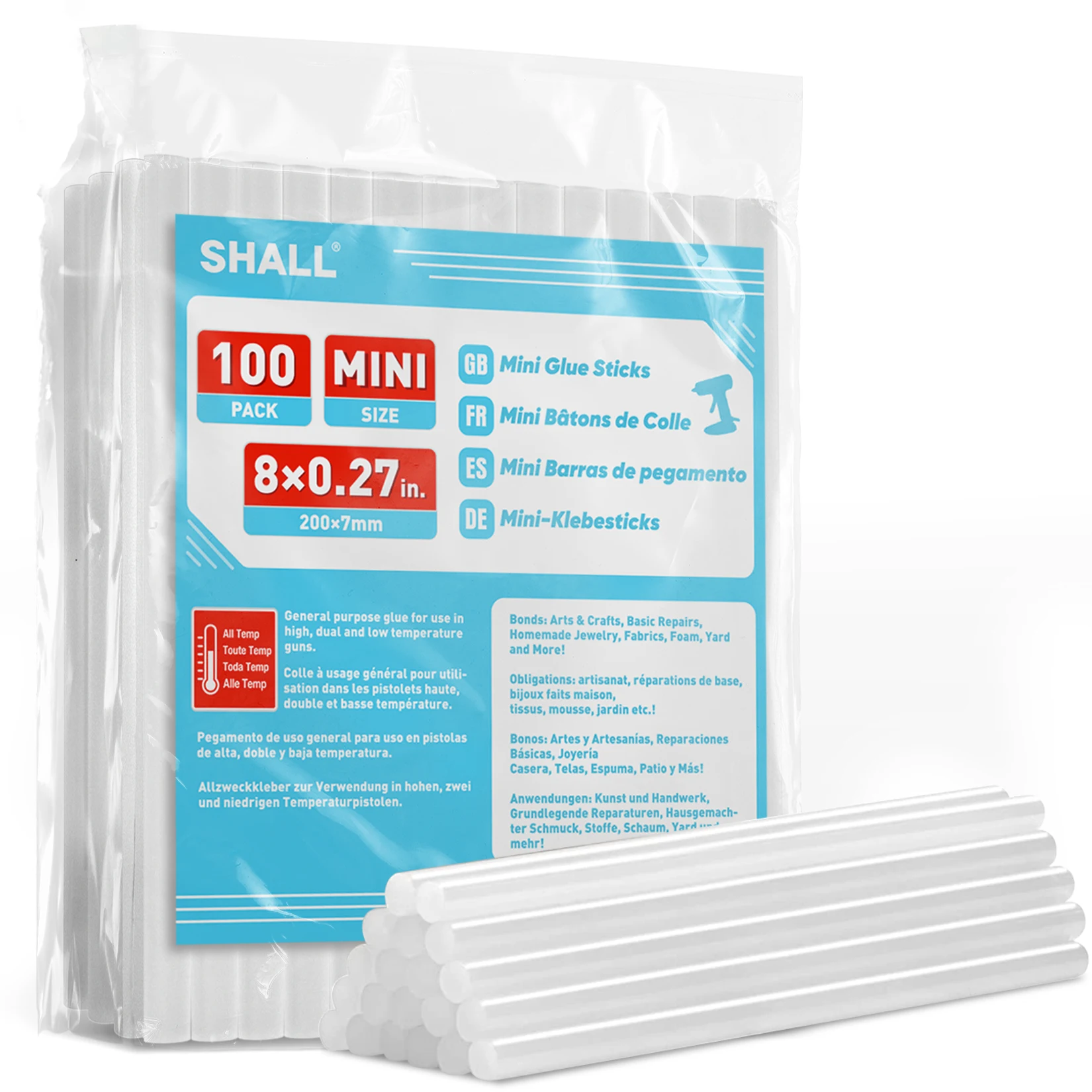 

SHALL Mini Hot Glue Sticks 7mmx200mm 100-pack Clear Hot Melt Glue Gun Sticks for All-Temp Mini Glue Guns for Festival Decoration