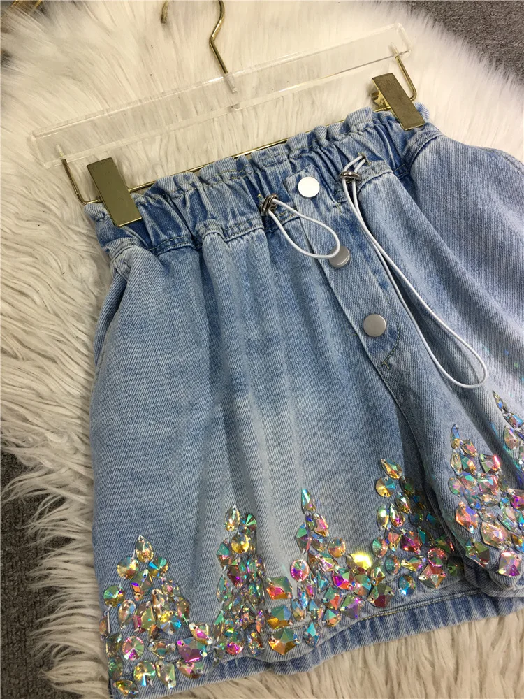 Short Jeans Women 2023 Summer A- Line Shorts Heavy Industry Beads Jeans Female Light Blue Elastic Waist Wide-Leg Pants Female