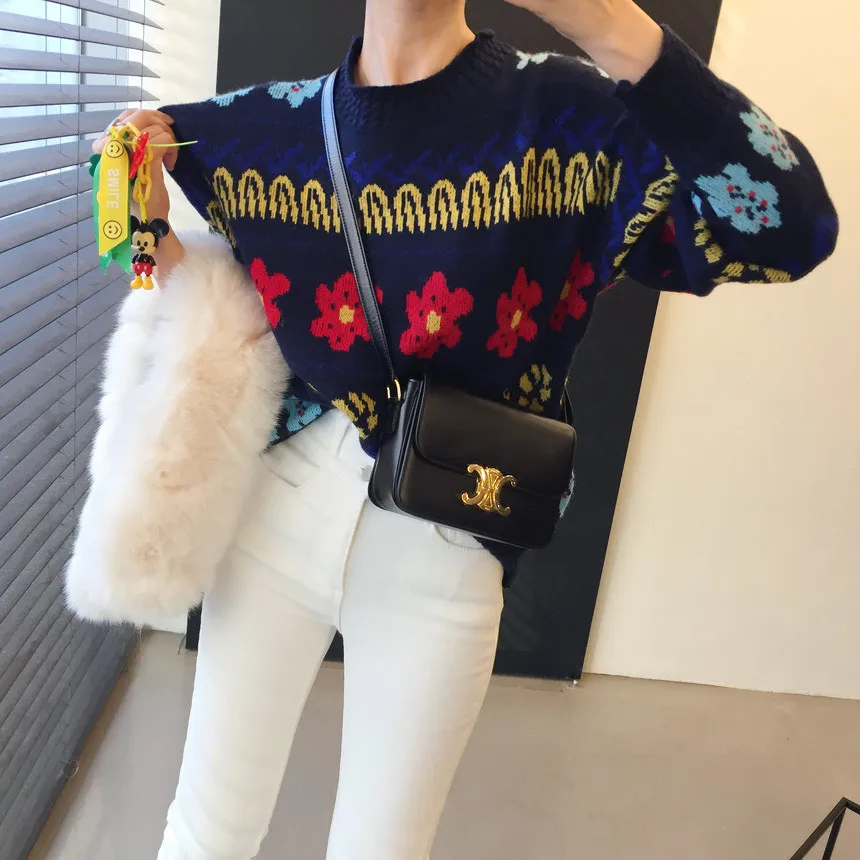 

Korean Florwers Loose Long Puff Sleeved Knitted Pullover Sweater for Women Twisted Wave Casual Knitwear Sueter Mujer Pull Femme