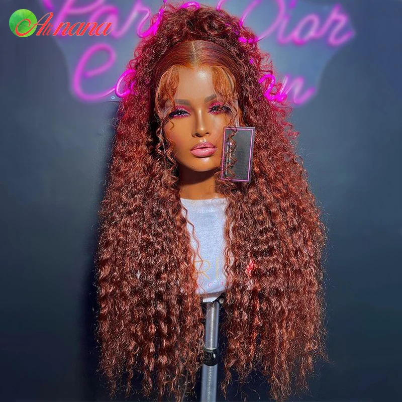 

Reddish Brown Colored Afro Kinky Curly Lace Closure Wigs Pre-Plucked 180%Density 13x6 Lace Frontal Wigs Human Hair Wig For Women