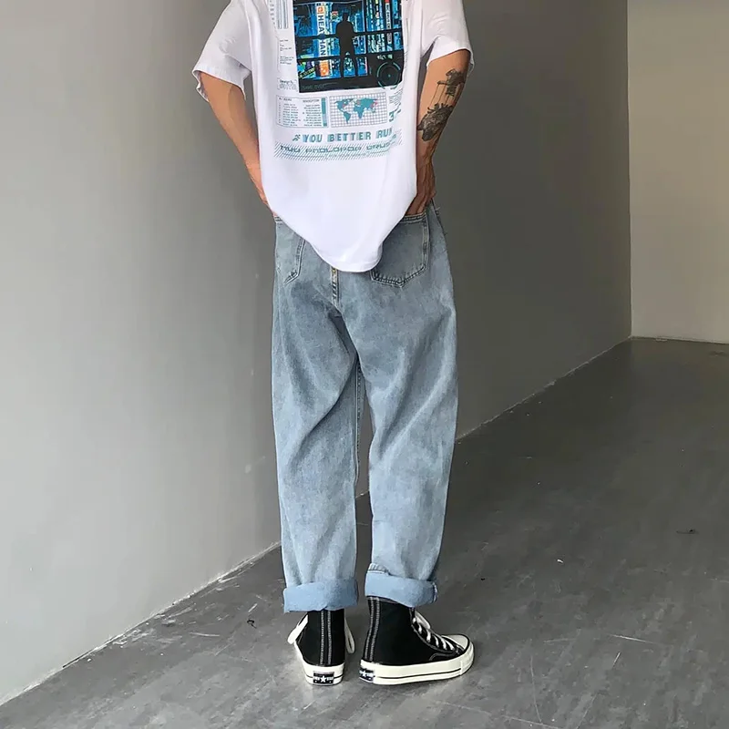 Graffiti Printed Jeans Men Harajuku Wide Leg Trousers New Fashion High Street Hip Hop Style High Waist Loose Casual Couple Jeans