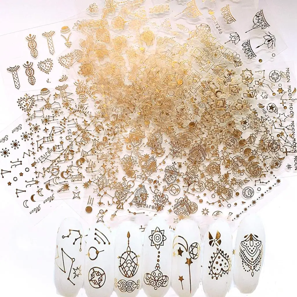 

12/24PCS Gold Bronzing Nail Art Sticker Hollow Decals Mixed Designs Adhesive Cartoon Anime Nail Tips Butterfly Nail Designer #*#