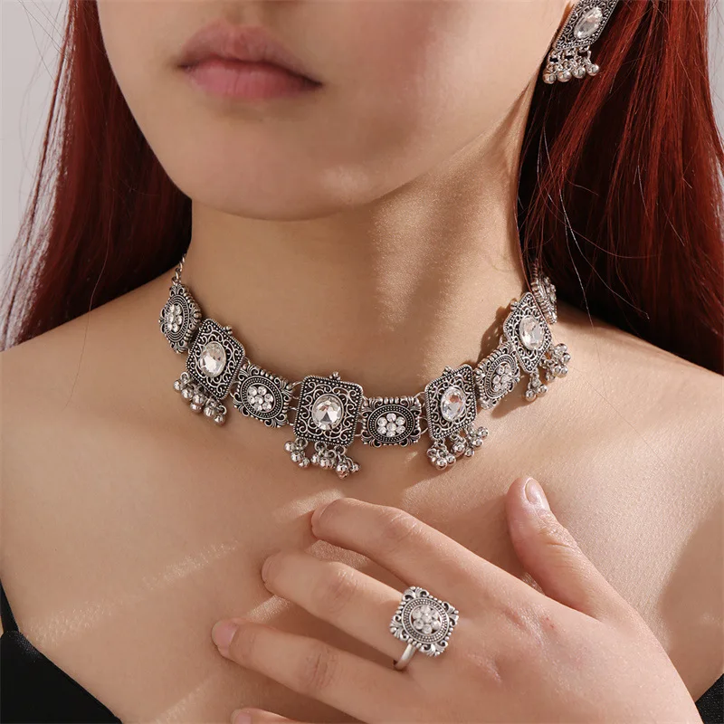 Винтажные цыганские геометрические резные цветочные ожерелья Серьги Кольца