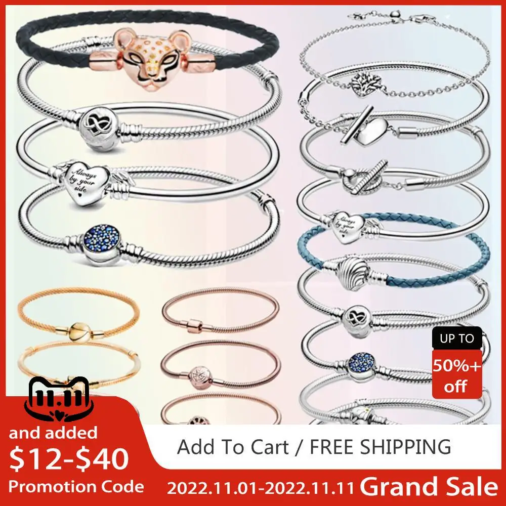 

Original 925 Sterling Silver Bracelet Heart T-Bar Snake Chain Sparkling Blue Disc Clasp Snake Chain Bracelet Women Jewelry
