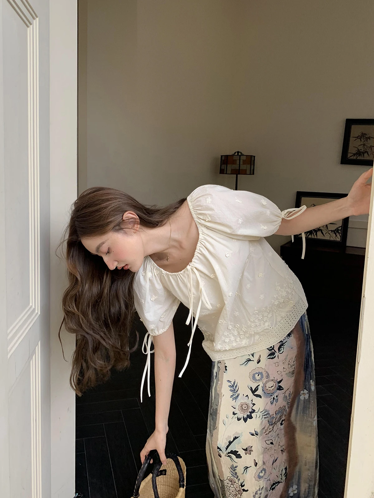 Hello Cannon Three-Dimensional Embroidered Hollow Lace Lace-up Shirt Women Summer 2024 New Small Loose Chic Shirts