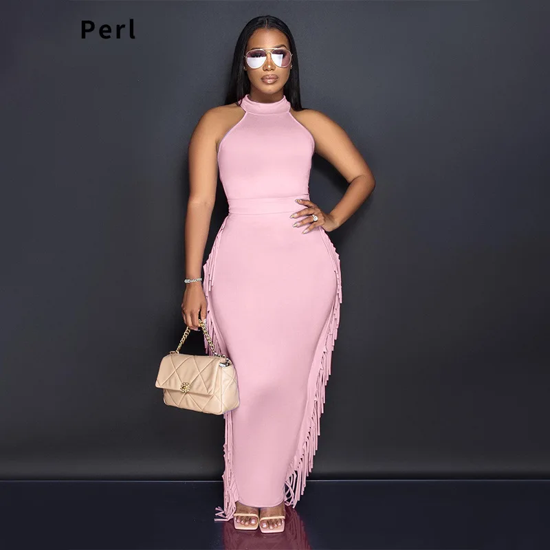

Perl Halter Tank Crop Top+tassel Long Skirt Suit Fashion Two Pieces Set Women Outfit Matching Skirt Sets Female Summer Clothes