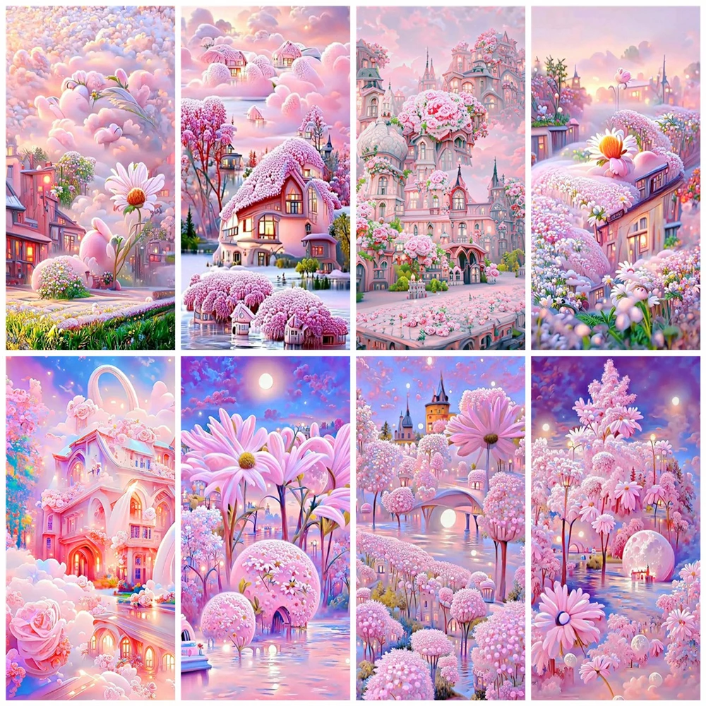 

Huacan 5d Diamond Painting Fantasy Pink Tree Embroidery Mosaic House Landscape Square/round Home Decor