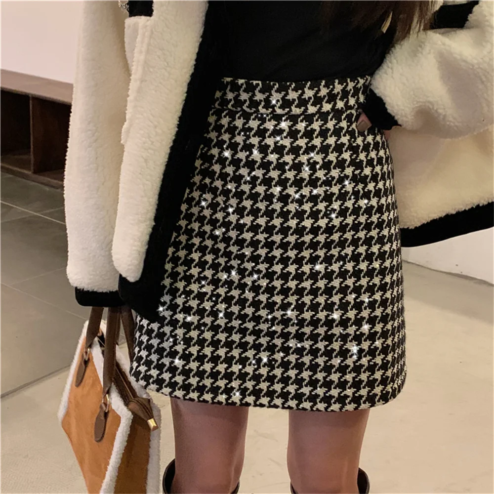 

Hzirip S-L Women Mini Skirts Winter Chic Fashion Vintage Slim-Fit Woolen 2022 New Casual High Waist Office Lady Houndstooth