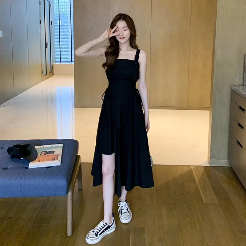 

2022 Summer Women Dress Vintage Irregular A-line All-match Sexy Suspender Dress Fashion Casual Hollow Out High Waist Party Dress