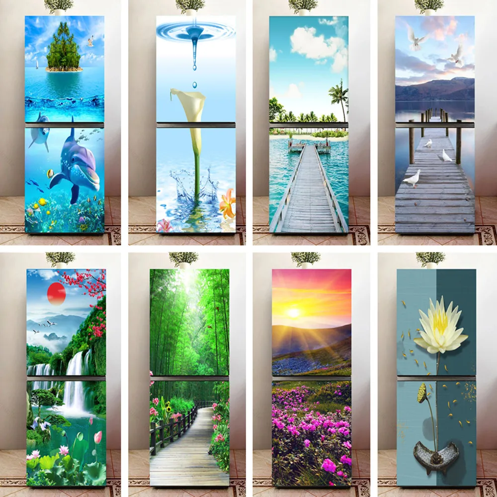 

Blue Sea Dolphin Fridge Stickers Flower Field Tiger Refrigerator Sticker Self-adhesive Wallpaper Nature Door Cover Film Decor