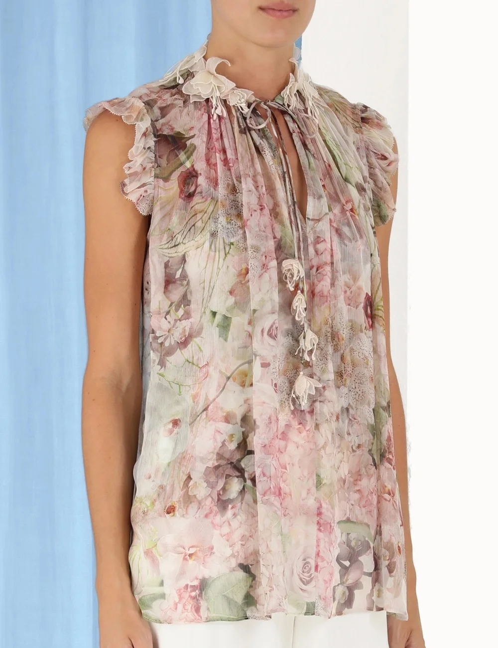 

100 Rea Silk Printing Floral Sleeveless Spaghetti Strap Zimm Dancer Women Tops Ruffle Lace Up Tassel Vintage High Quality Blouse