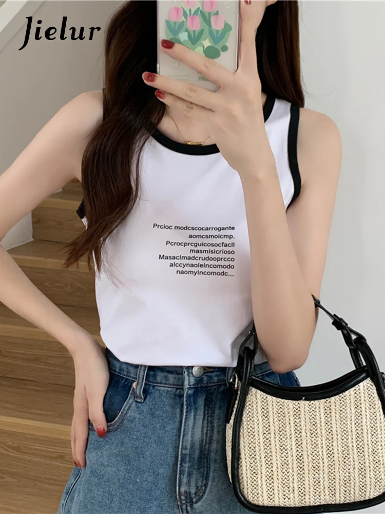

Jielur хлопковая майка с буквенным принтом новинка лета хит цвета тонкий черный белый цвет без рукавов женские топы милые майки для девочек же...