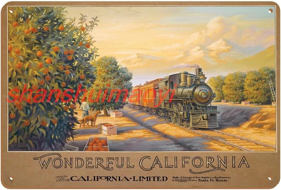 Замечательная Калифорния — Atchison Topeka &amp Santa Fe Railway (ATSF) Orange Orchards винтажный постер