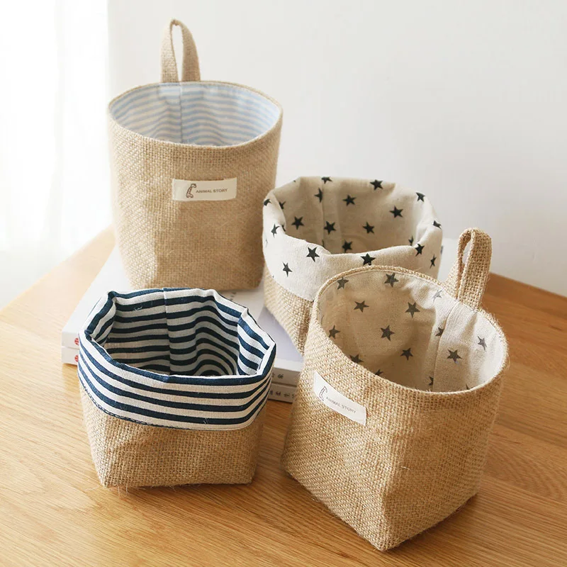 

Jute Cotton Linen Desktop Hanging Wall-mounted Door Pocket Fabric Organizer Toy Basket For Cosmetic Sundries Storage Bags Decor