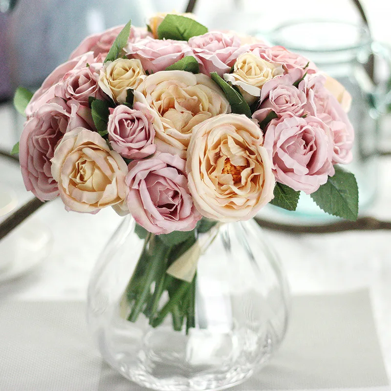 

1 Bouquet 9 Heads Rose Artificial Flowers Bouquet Fake leaves Romantic 25CM Silk Flowers For Wedding Home Decoration
