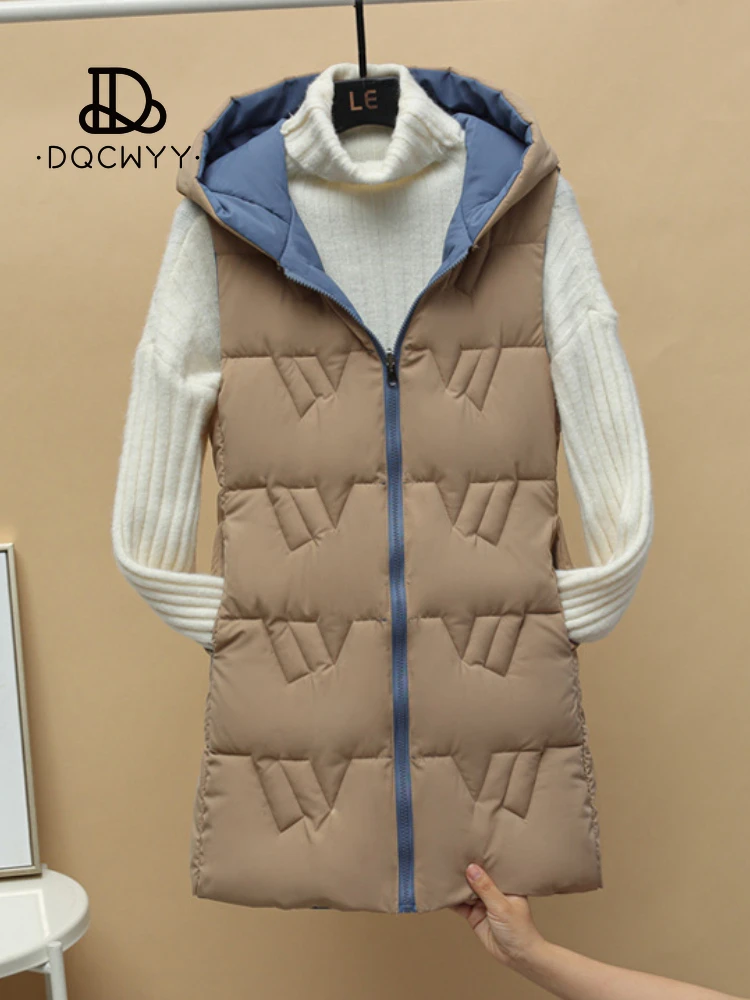 

Women's Vest Autumn Winter Korean Fashion Double sided Wear Solid Color Hooded Mid length Zipper Tank Top Down Cotton Vest Coat