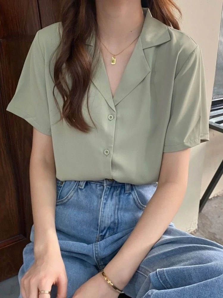 

Women's Chiffon Blouse Light Green Short Sleeve Blouse Summer Elegant Office Blouse Women Clothing Tunic 2022 Blusas De Mujer