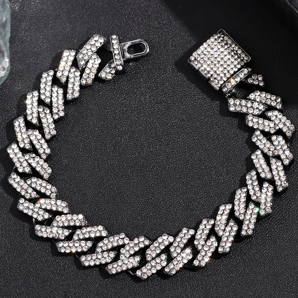 14mm Bling Iced Out Crystal Gun Black Cuban Link Chain Bracelet for Men Women Hip Hop Prong 2 Row Rhinestone Bracelets Jewelry