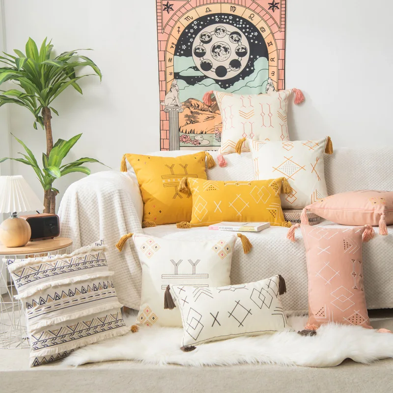

Наволочка для подушки в стиле бохо, 45x45 см, желто-розовая наволочка для диванной подушки с геометрической вышивкой, декоративные подушки для дома с кисточками для дивана