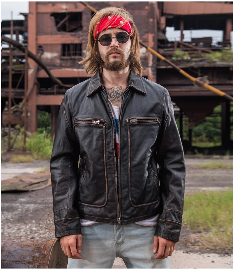 

shipping.Vintage Brown coat men Free cowhide Jackets,men's genuine Leather slim jacket.casual homme Fitness plus size