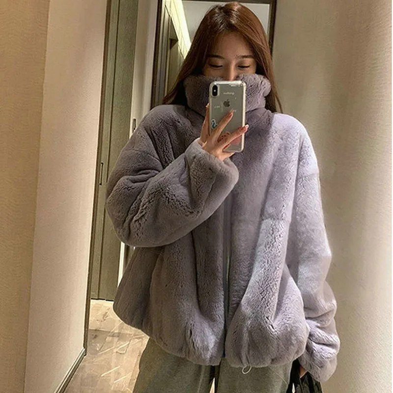 Parkas Women's Outdoors Coats Jackets 2022 Winter Faux Fur Rabbit Splicing Stand Collar Keep Warm Cardigan Casual Jacket Woman