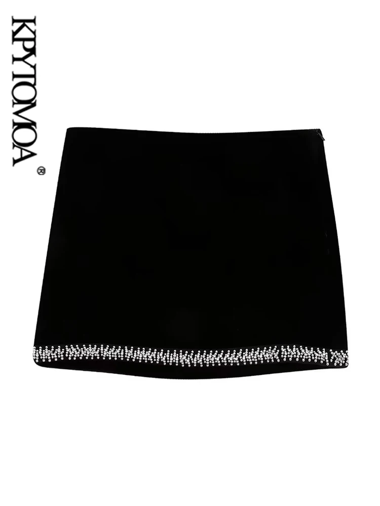

KPYTOMOA Women Fashion Rhinestone Appliques Velvet Mini Skirt Vintage High Waist Side Zipper Female Skirts Mujer