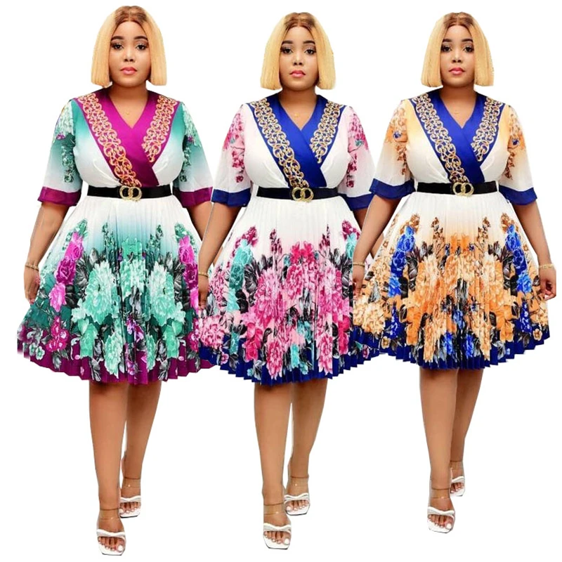 

Casual Streetwear Women Fashion Print Ruffles Dresses Elegant A Line High Waist Dress Office Lady Slim Fit Deep V Neck Skirt