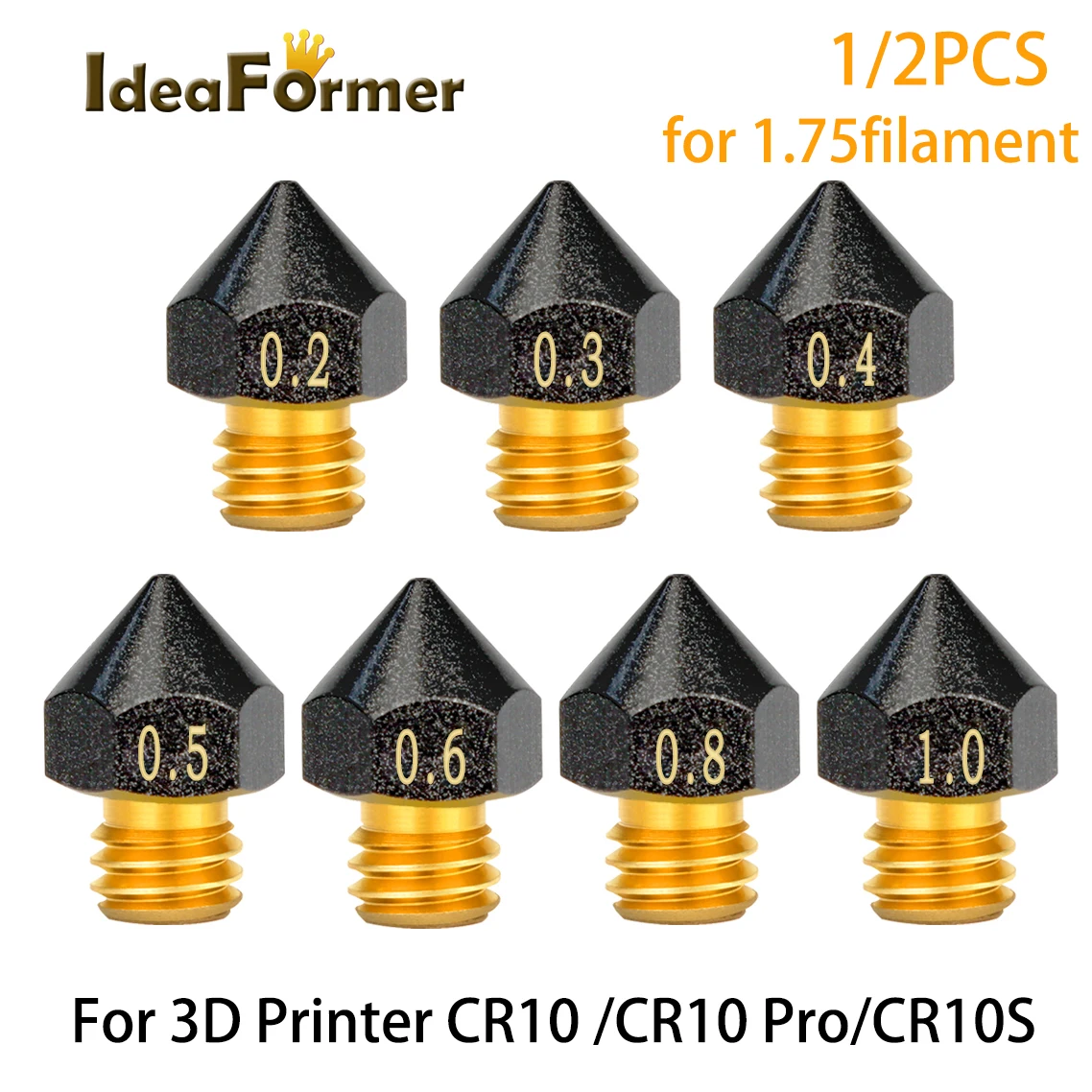 

1/2pcs MK8 LargeDiame Brass PTFE Nozzle Coating Non Stick Filament 0.2/0.3/0.4/0.6/0.8/1.0mm For 3D Printer CR10 /CR10 Pro/CR10S