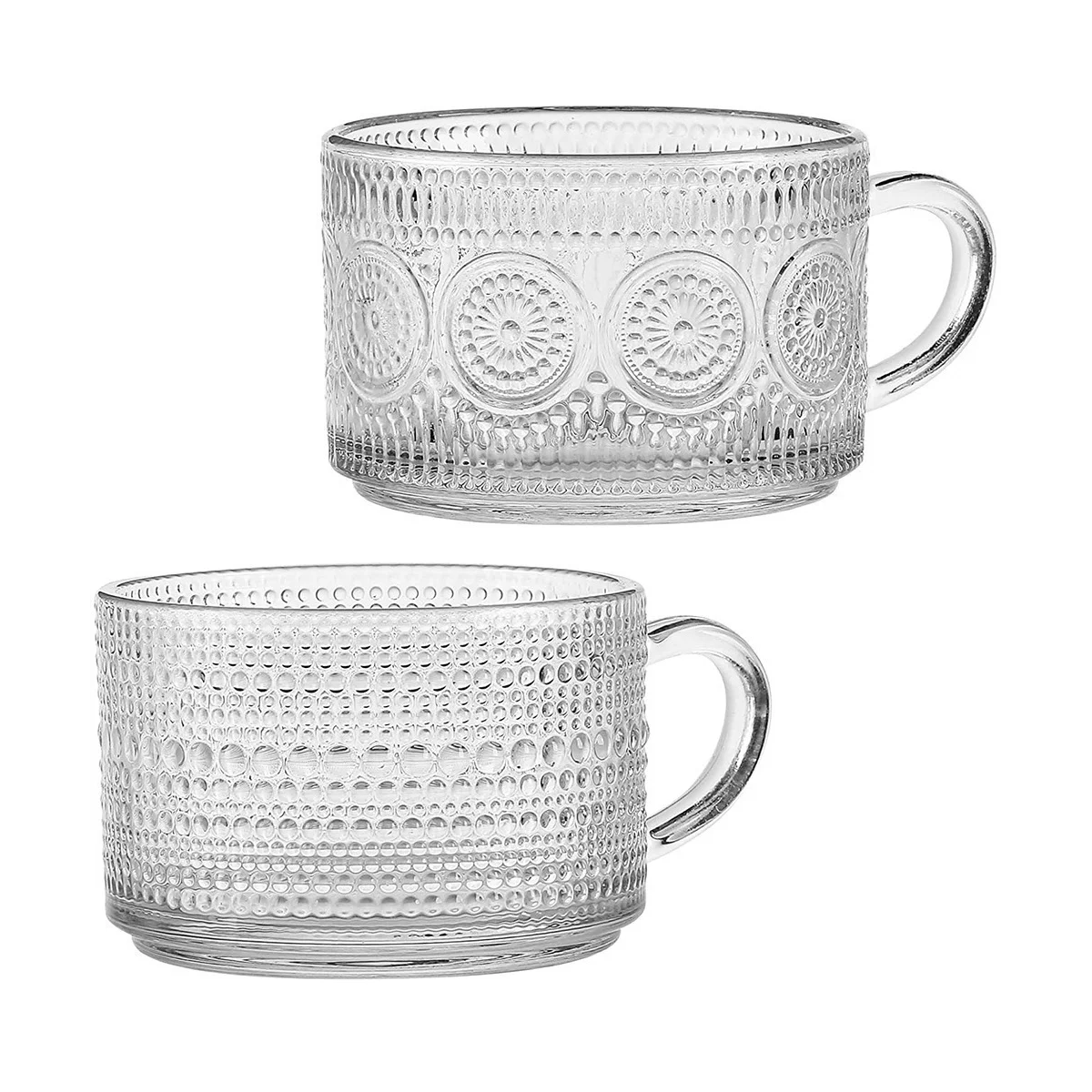 

Vintage Glass Coffee Cup Teacup, Stackable Embossed, Glassware with Handle for Latte, Cereal, Yogurt, Cold/Drink Etc