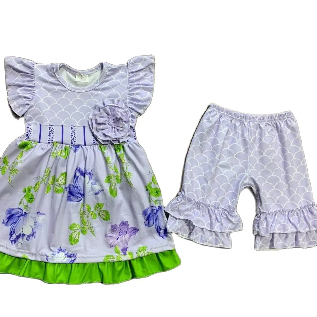 

Floral Print Flying Sleeve Top Shorts Set Summer Boutique Girl Purple Set Cute Children's Clothes Wholesale