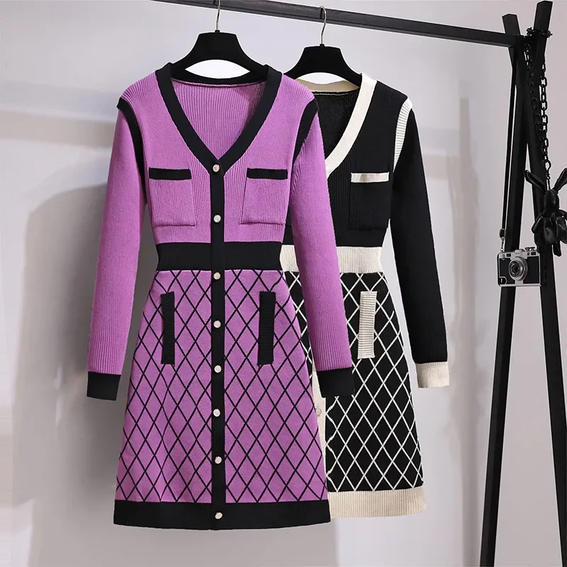 

2022 Autumn Winter New French Vintage Small Fragrance Knitted Sweater Dress Women Long Sleeve Casual Mini Party Dress Robe Femme