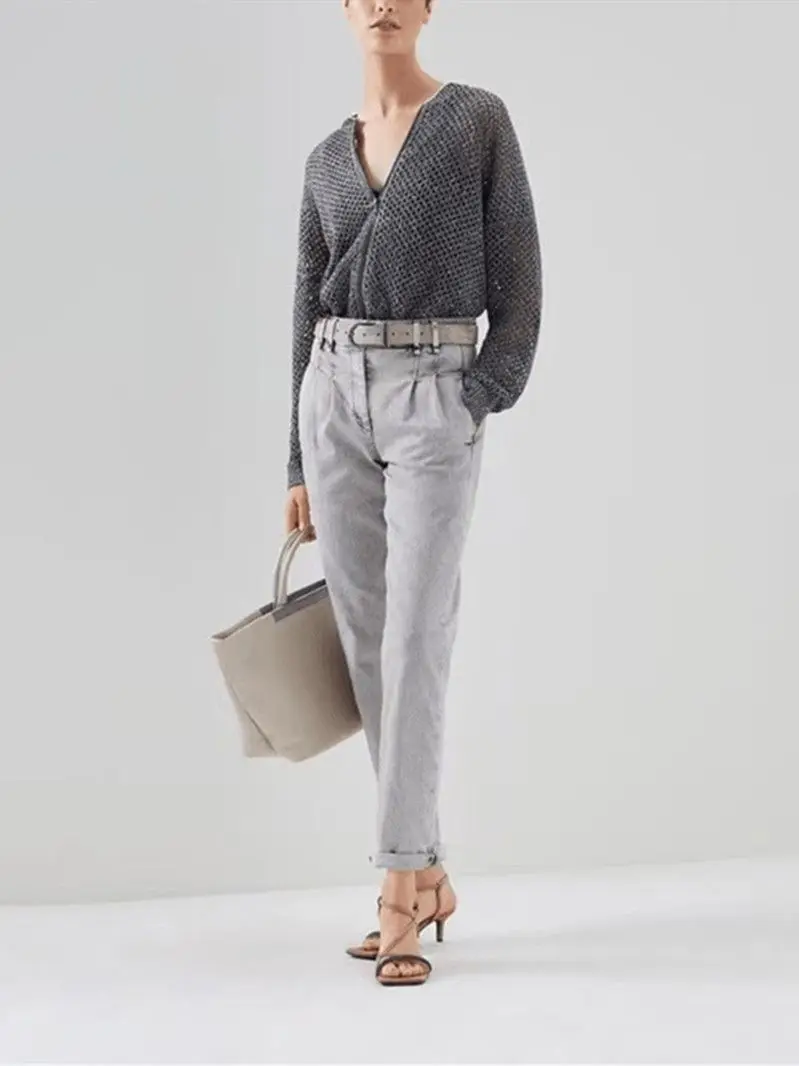 Женский трикотажный топ с длинным рукавом и круглым вырезом |