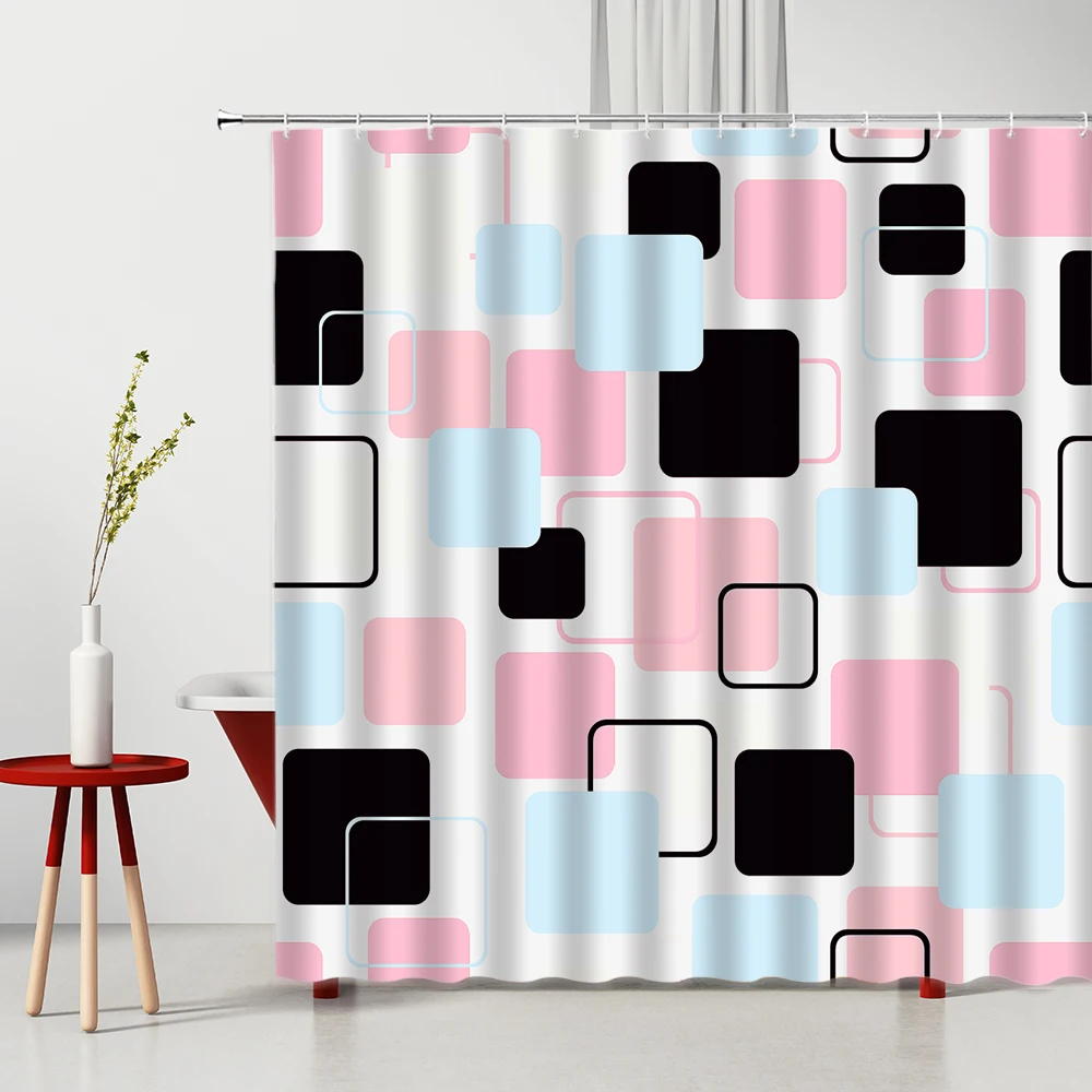 

Curtain 3D Colorful Mysterious Square Space Pattern Home Bathroom Decor Bath Hanging Curtains Washable Modern Geometric Shower