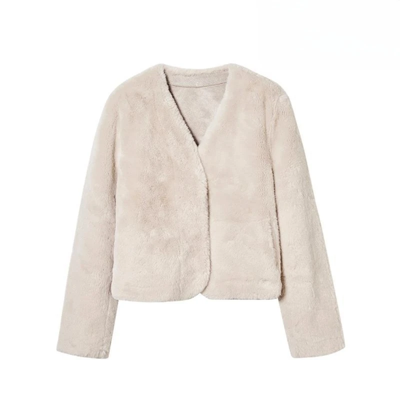 

2023 Hot Selling Trendy Short V-Collar Artificial Mink Fur Cardigan Soft Loose Faux Fur Jackets for Women Autumn