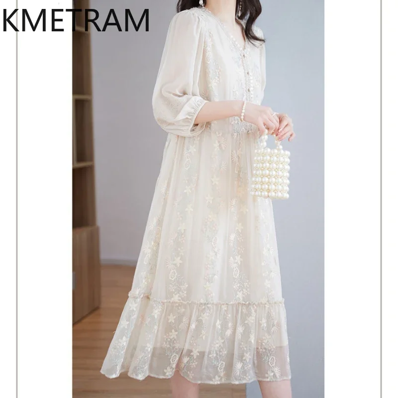 KMETRAM платья из 100% тутового шелка белое платье летняя женская одежда длинные