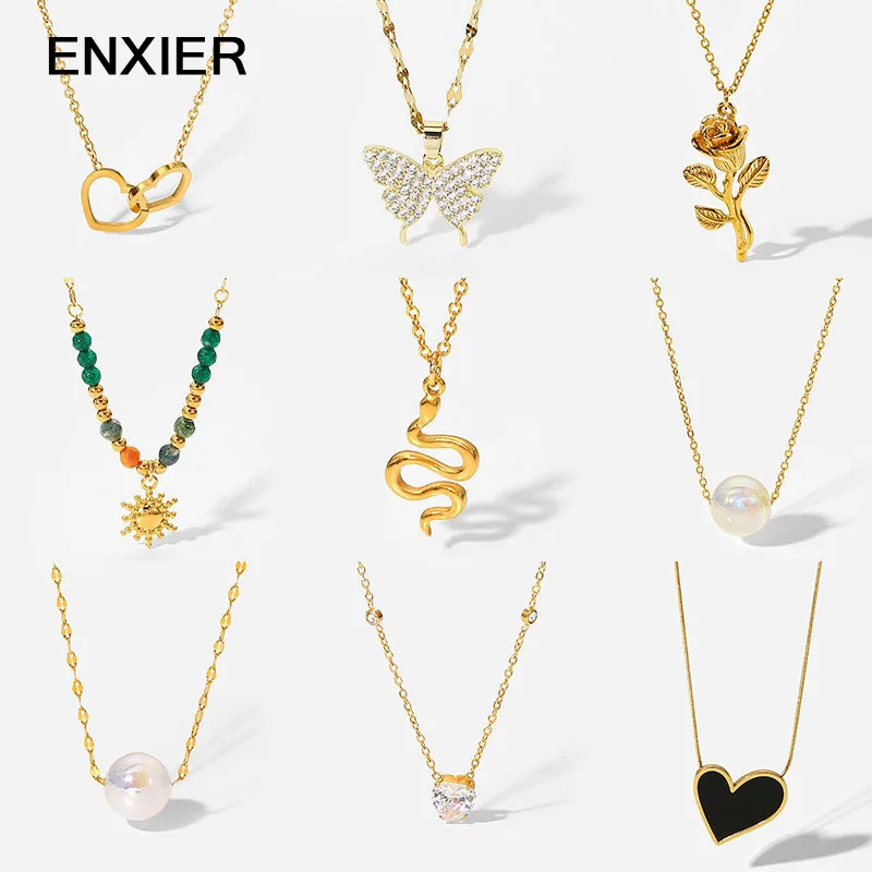 

ENXIER Geometric Pearl Butterfly Snake Pendent Necklace For Women Trend 316L Stainless Steel Chain Necklace Female Jewelry