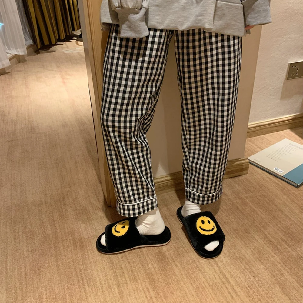 winter new kawaii cartoon ladies house fur slippers open toe bedroom cute smiley pattern home women fluffy slippers slides free global shipping