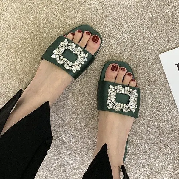 

New Women Summer Sandals Rhinestones Satin Flat Shoes Beach Sandals Solid Color Sandals Casual Outdoor Slippers Large Size 35~43