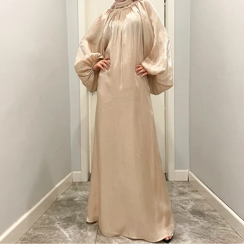 Women Abaya High Quality Modest Maxi Dress Lantern Sleeve Silk Islamic Clothing Robe Glitter Satin Dubai Turkey Kaftan