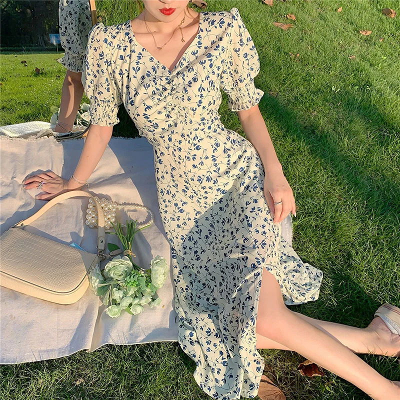 

Korean Women's Dresses Retro Chiffon Floral Dress Summer 2022 New Fashion Puff Sleeves V-neck Slim Temperament Female Long Dress