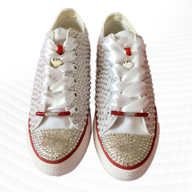 

Custom pearl rhinestone low-top canvas shoes fashion niche red rope stitching wedding shoes large size 35-46